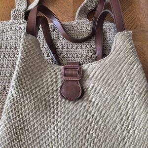 Woven Straw Tote with Brown Leather Trim